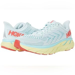 Hoka Women’s Clifton 7 in Morning Mist, Hot Coral